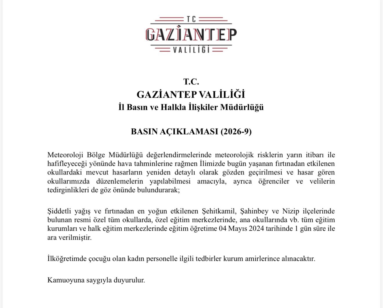 Gaziantep’te Okullara Fırtına Nedeniyle Tatil!