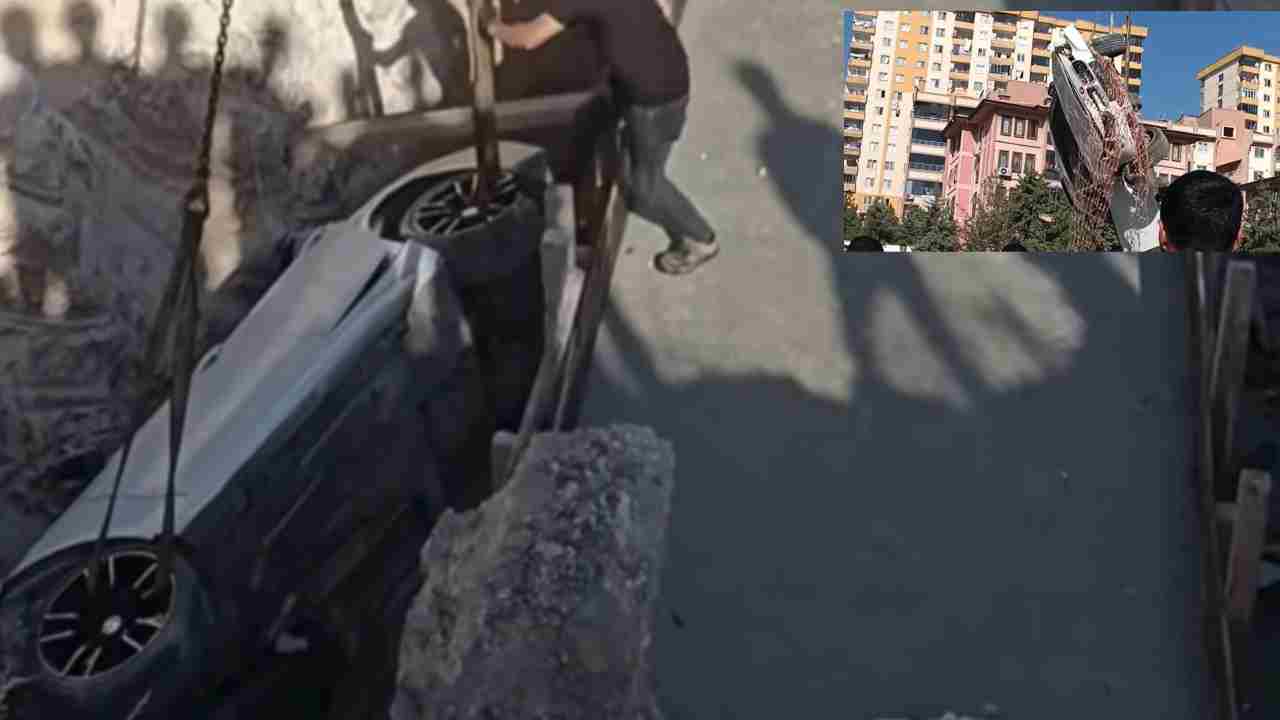 Lüks otomobil köprü inşaatına düştü, sürücü kurtuldu!
